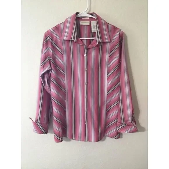 Women's Liz Claiborne Pink Striped Button Down Shirt Size 8 - Picture 2 of 5